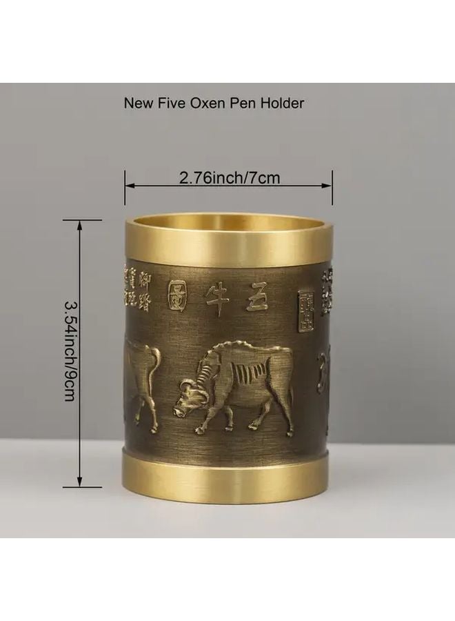 Five Oxen Brass Pen Holder Vintage Design 2 76 Inch Diameter Office Desk Decor Gift - Image 2